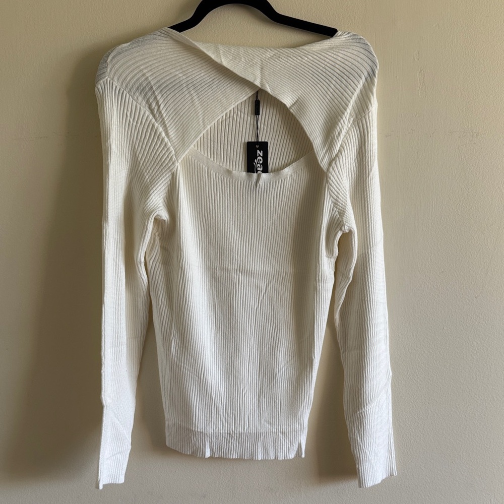 White Ribbed Long Sleeve Sweater with Open Back Detail - Picture 2 of 5
